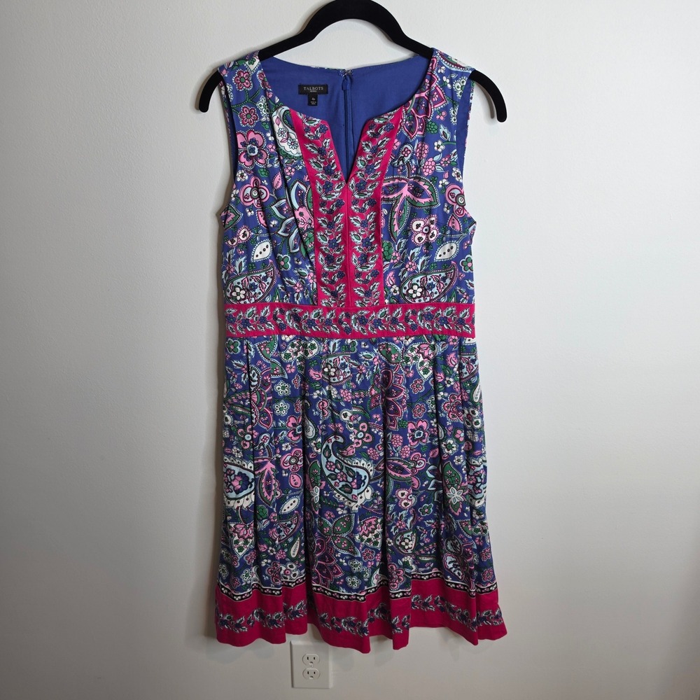Talbots Paisley Floral Dress Womens 4P Blue Pink Sleeveless Pockets Fit & Flare